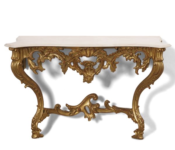 Console entalhada e dourada com tampo em mármore branco, início do século XX, 130x55x86 cm